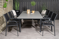 Levels eettafel 160/240 - zwart / grijs + Santorini armstoel - zwart aluminium / zwart textilene