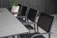 Levels eettafel 160/240 - zwart / grijs + Santorini armstoel - zwart aluminium / zwart textilene