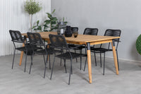 Julian eettafel 210*100 - acacia + Lindos armstoel - zwart aluminium / zwart touw