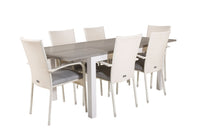 Albany eettafel 152/210 - wit alu / grijs aintwood + Anna Arm leunstoel - wit