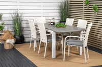 Albany eettafel 152/210 - wit alu / grijs aintwood + Anna Arm leunstoel - wit