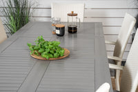 Albany eettafel 152/210 - wit alu / grijs aintwood + Anna Arm leunstoel - wit