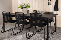 Modena eettafel 200*100 - zwart + Lindos eetstoel - zwart / alu / touw