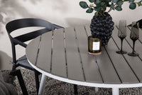 Break eettafel 120ø - wit / grijs / alu / aintwood + Slit eetstoel met kussen - zwart / grijs / aluminium