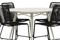 Lina eettafel 120ø - beige + Lindos eetstoel - zwart alu / zwart touw