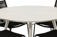 Lina eettafel 120ø - beige + Lindos eetstoel - zwart alu / zwart touw