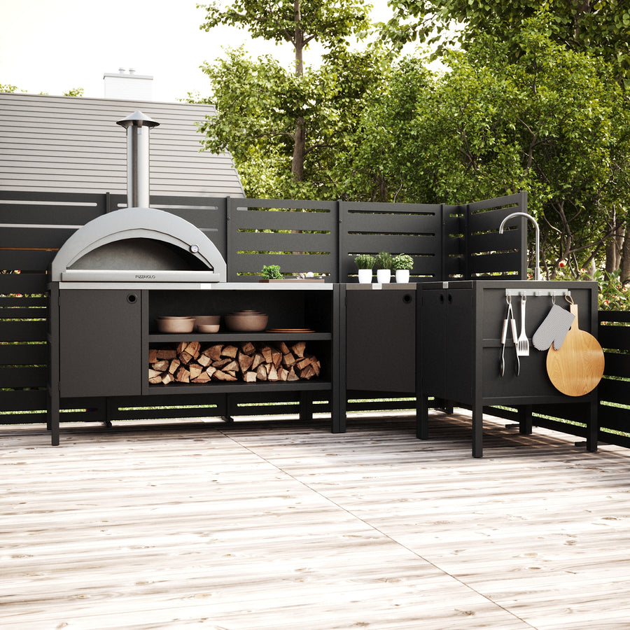 UMAMI buitenkeukenpakket, spoelmodule, hoekmodule, module 3, zwart / roestvrij staal