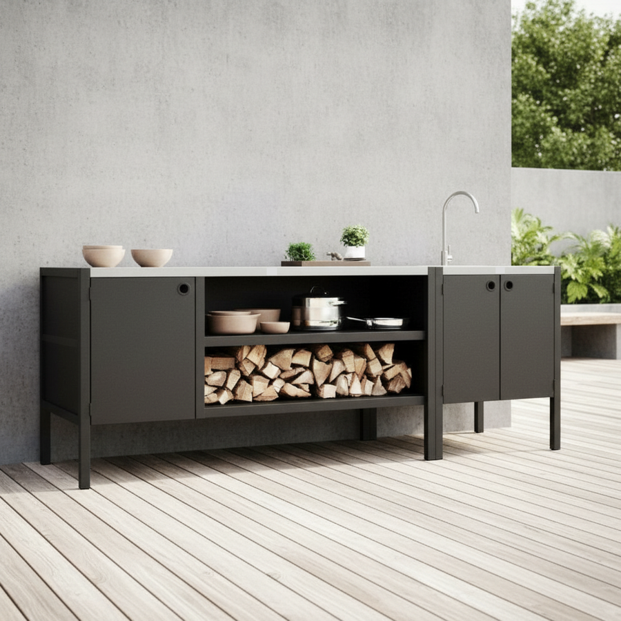 UMAMI buitenkeukenpakket, spoelmodule en module 3, zwart / roestvrij staal