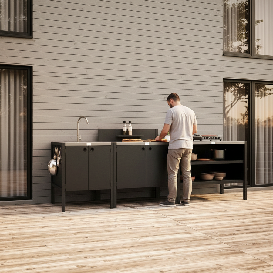 UMAMI buitenkeukenpakket, spoelmodule, module 1 en module 2, zwart / roestvrij staal