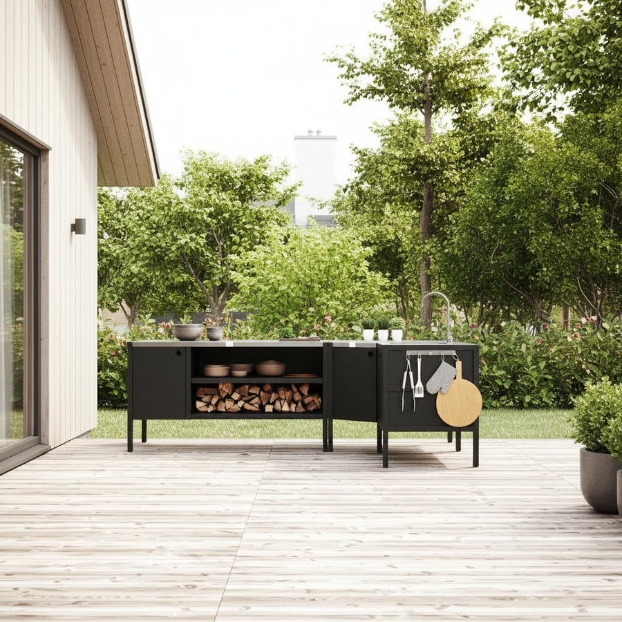 UMAMI buitenkeukenpakket, spoelmodule, hoekmodule, module 3, zwart / roestvrij staal