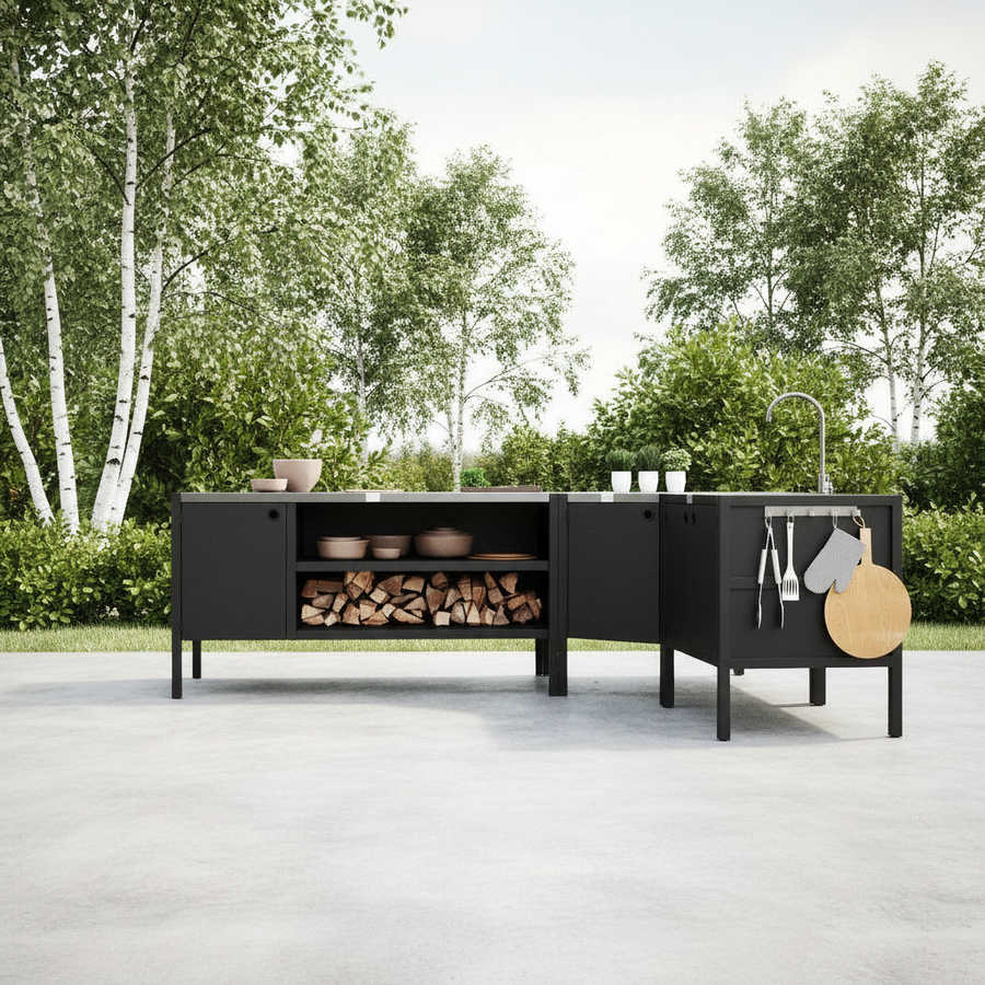 UMAMI buitenkeukenpakket, spoelmodule, hoekmodule, module 3, zwart / roestvrij staal