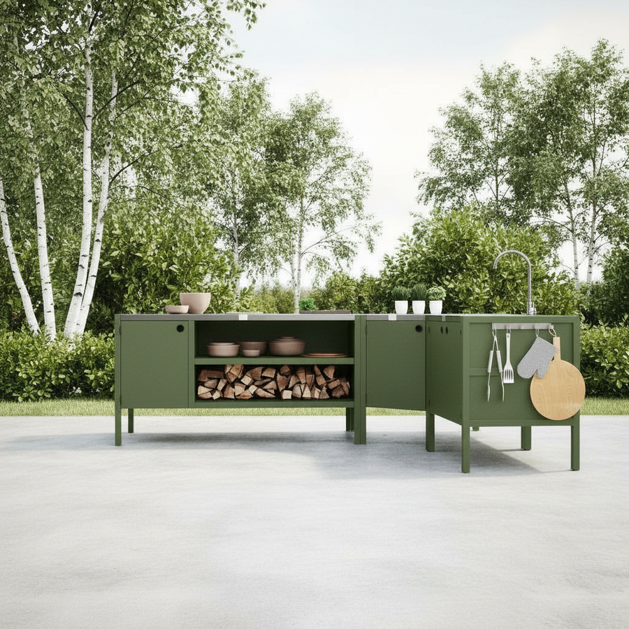 UMAMI buitenkeukenpakket, wasmodule, hoekmodule, module 3, groen/roestvrij