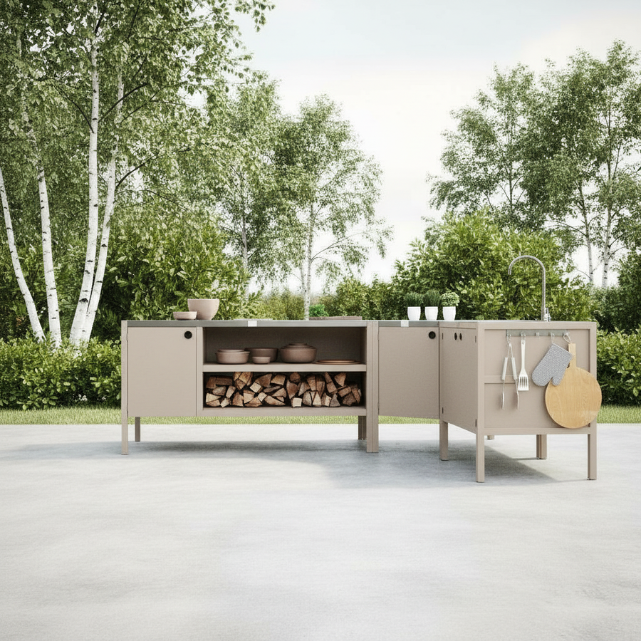 UMAMI buitenkeukenpakket, spoelmodule, hoekmodule, module 3, beige / roestvrij staal
