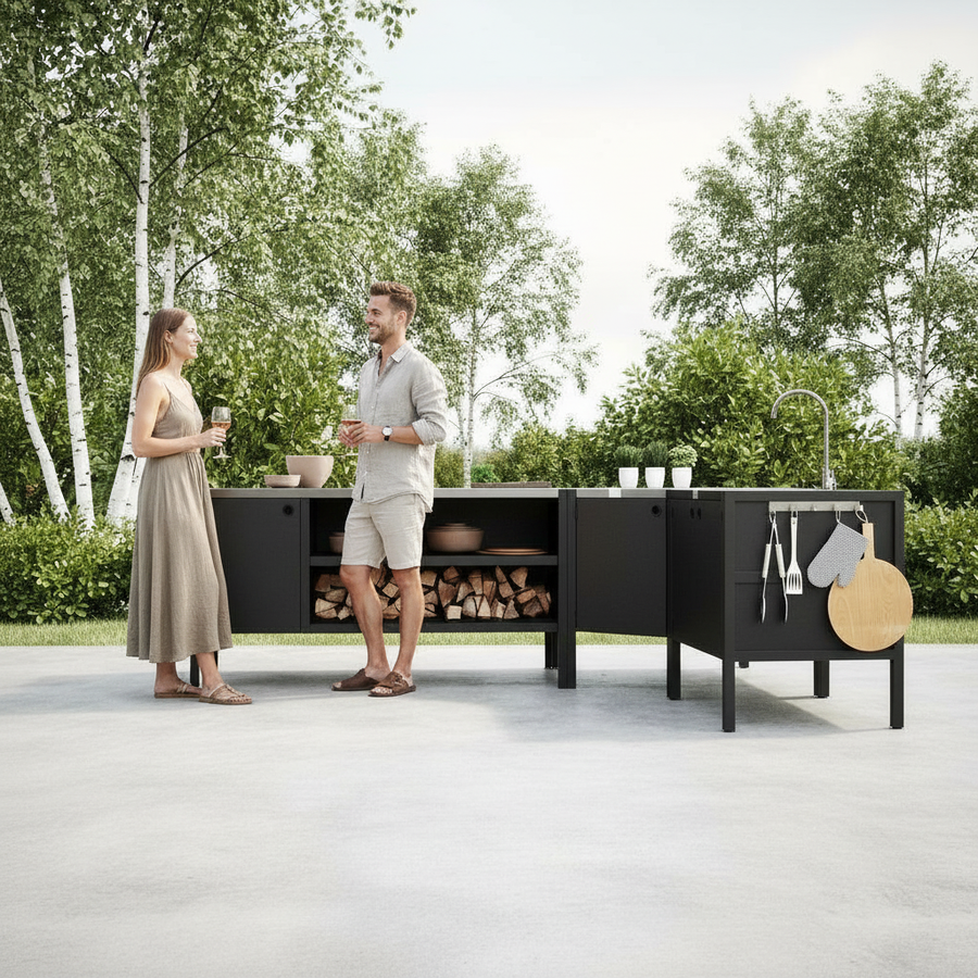 UMAMI buitenkeukenpakket, spoelmodule, hoekmodule, module 3, zwart / roestvrij staal