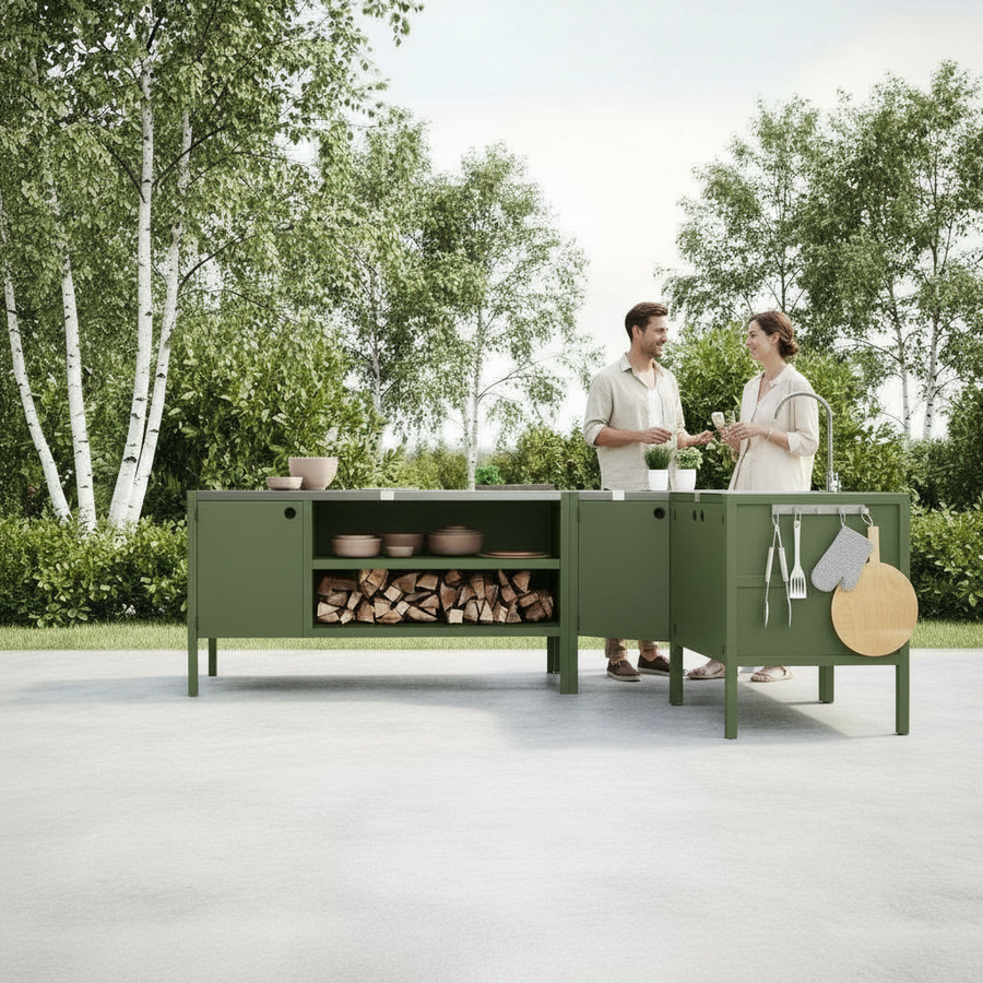 UMAMI buitenkeukenpakket, wasmodule, hoekmodule, module 3, groen/roestvrij