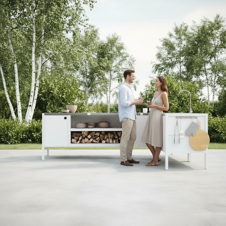 UMAMI buitenkeukenpakket, spoelmodule, hoekmodule, module 3, wit / roestvrij staal
