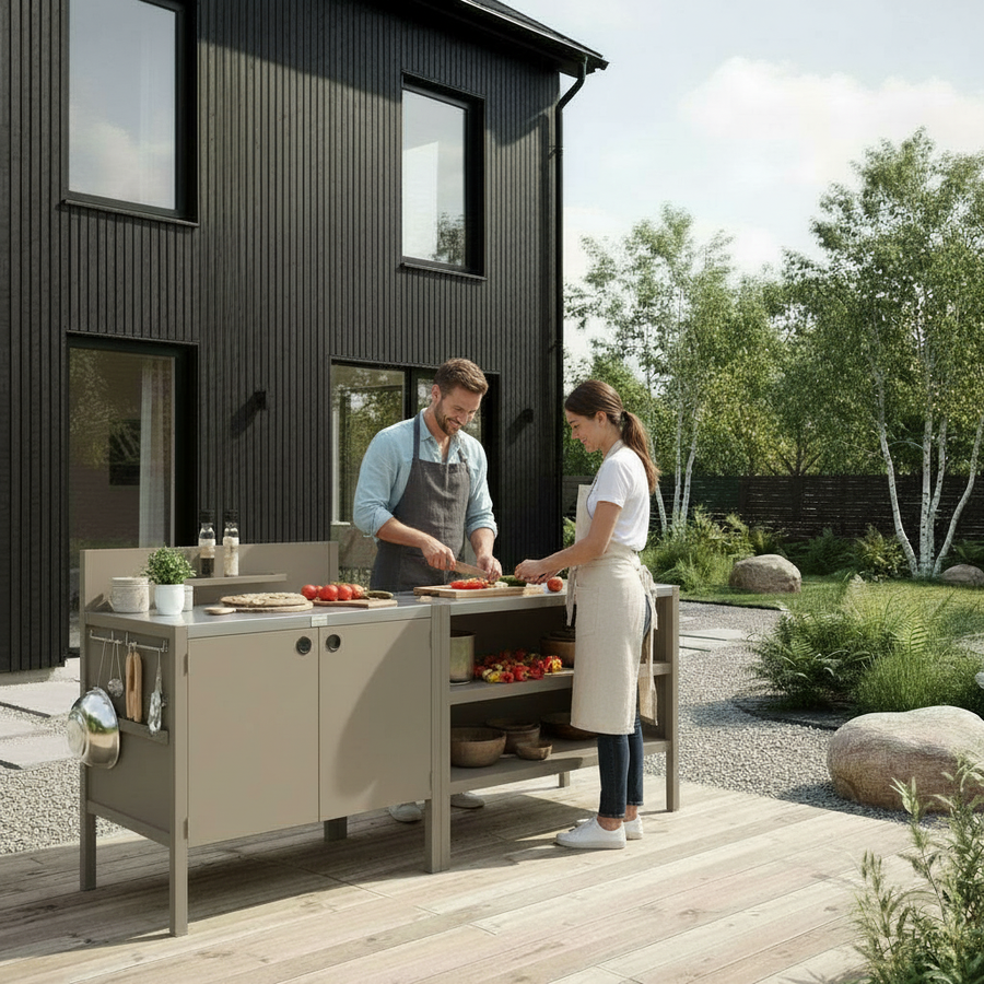 Specialprijs UMAMI buitenkeuken module 1 + 2 incl. hoes, beige / roestvrij staal