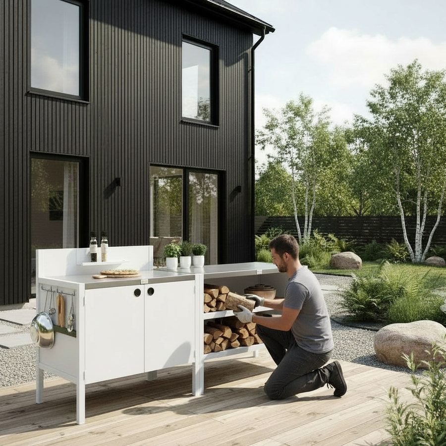 Speciale prijs UMAMI buitenkeuken module 1 + 2 incl. hoes, wit / roestvrij