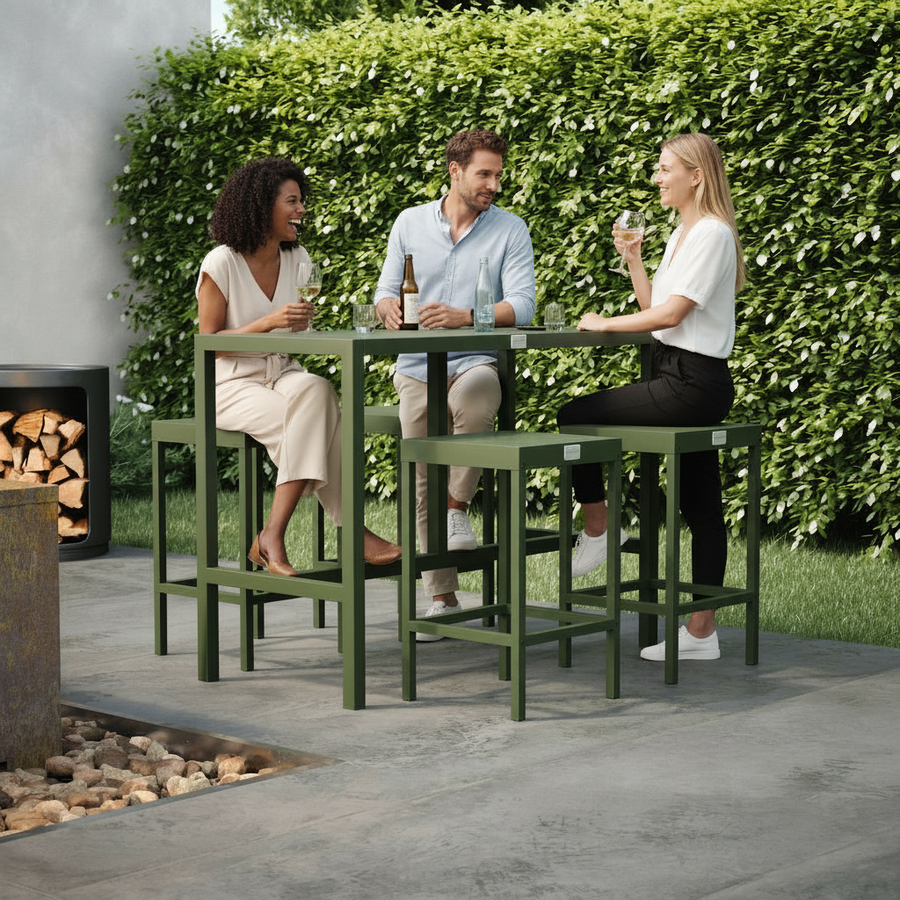 UMAMI bartafel 123cm met 4 barstoelen, groen