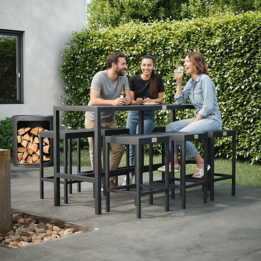 UMAMI bartafel 172cm met 6 barstoelen, zwart